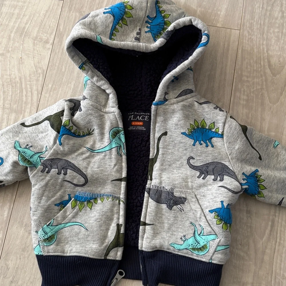 Kids The Children's Place Dino Print Hoodie - Gray and Blue Sherpa lined